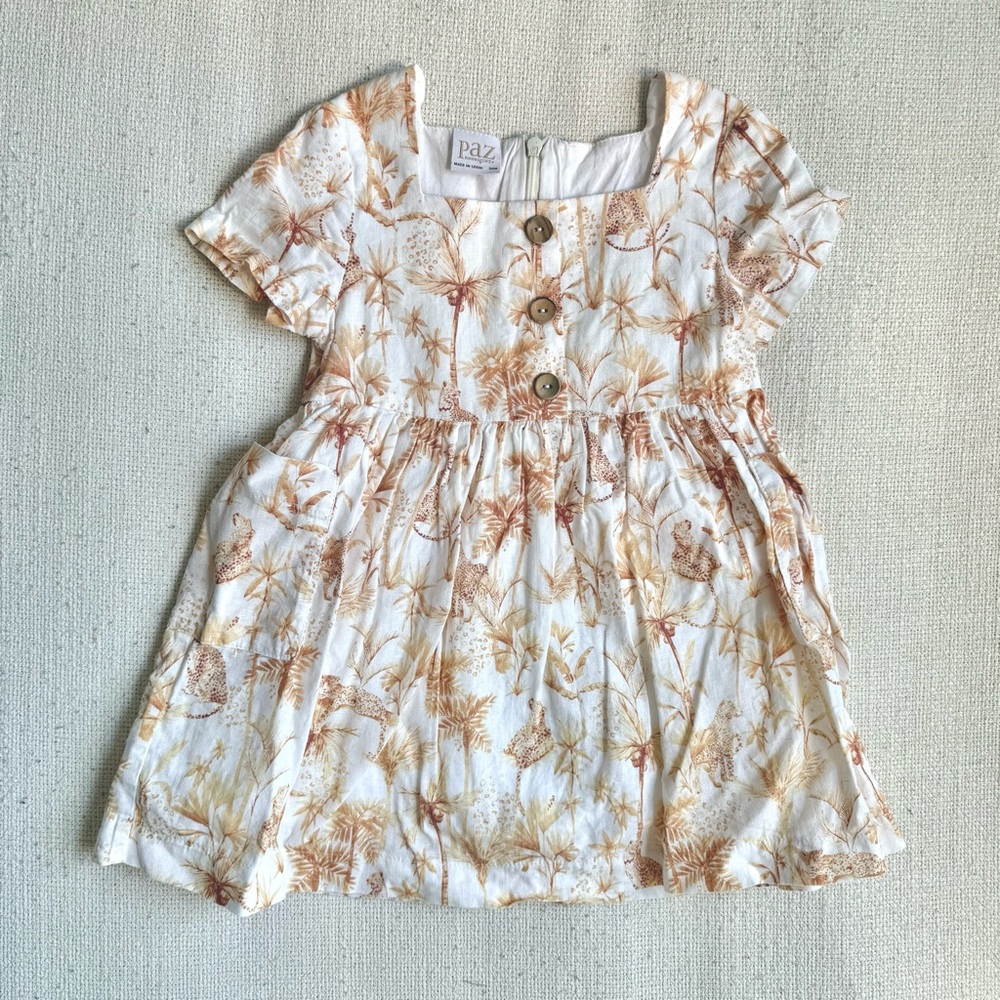 Paz Rodriguez Tropical Print Dress 36M Palm Safari Cotton Summer Toile de Jouy